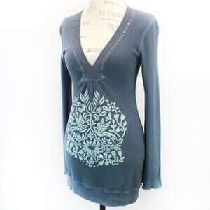 Soul Revival Vtg Waffle Embroidered Floral Beads Blouse Tunic Mini Dress Y2K M